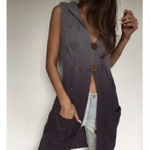 Free People Wool Blend Cable Knit Hooded Duster Cardigan Small/Med Ombre Tie Dye - Picture 12 of 13